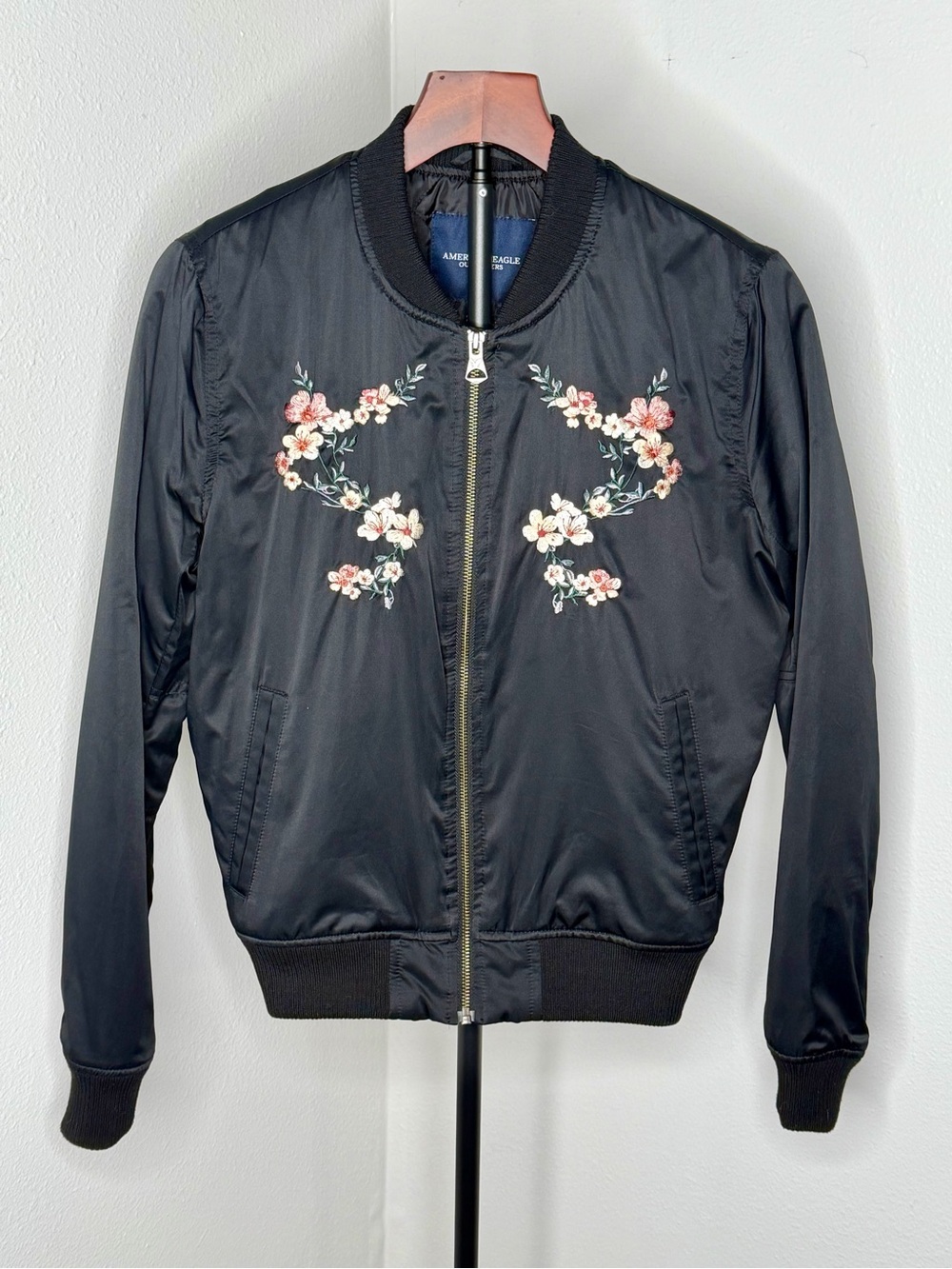 American Eagle Black Floral Embroidered Bomber Jacket Size XS